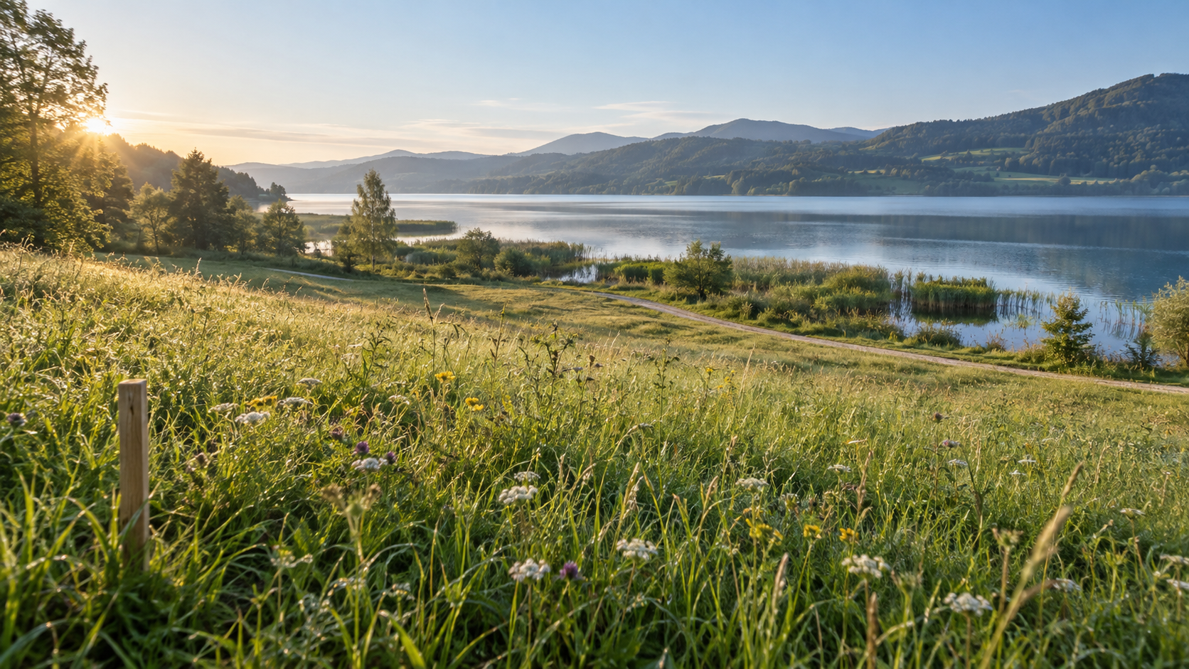 Grasland mit Weg, Schilf und See vor bewaldeten Hügeln
